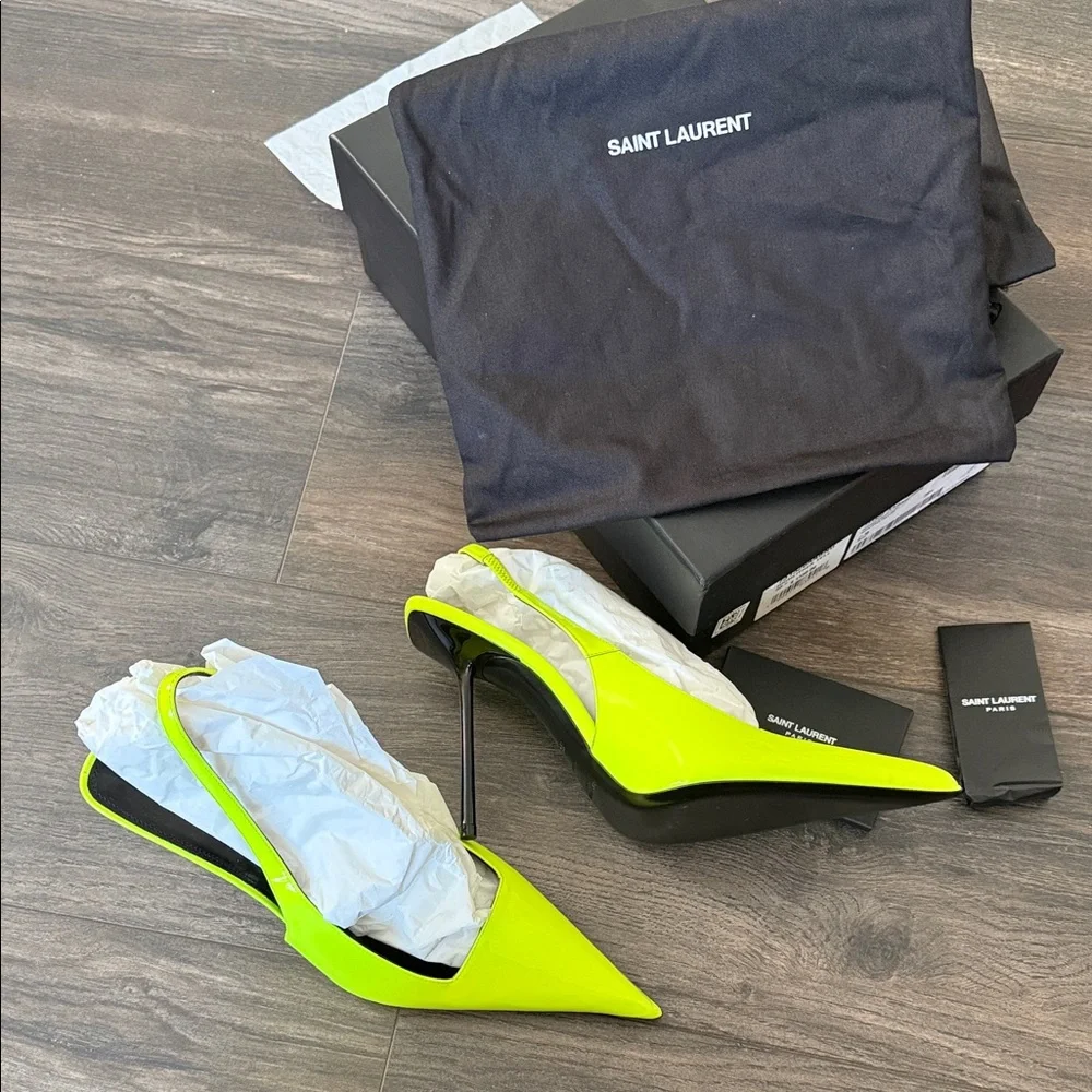 Saint Laurent Neon Lime Patent Slingback Pointed-Toe Heels - Picture 2 of 6